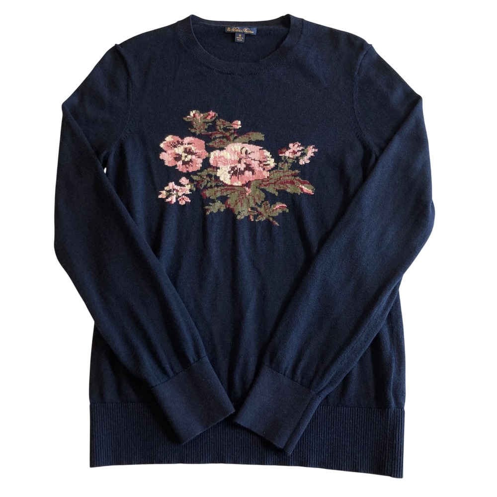 Brooks Brothers Women M Silk Cashmere Navy Blue Floral Intarsia Crewneck Sweater